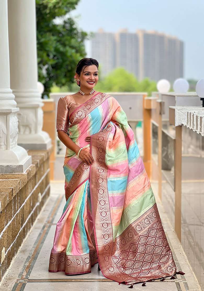 Maroon Zari Work Silk Blend Saree Set for Diwali and Festive Wear - Indya
