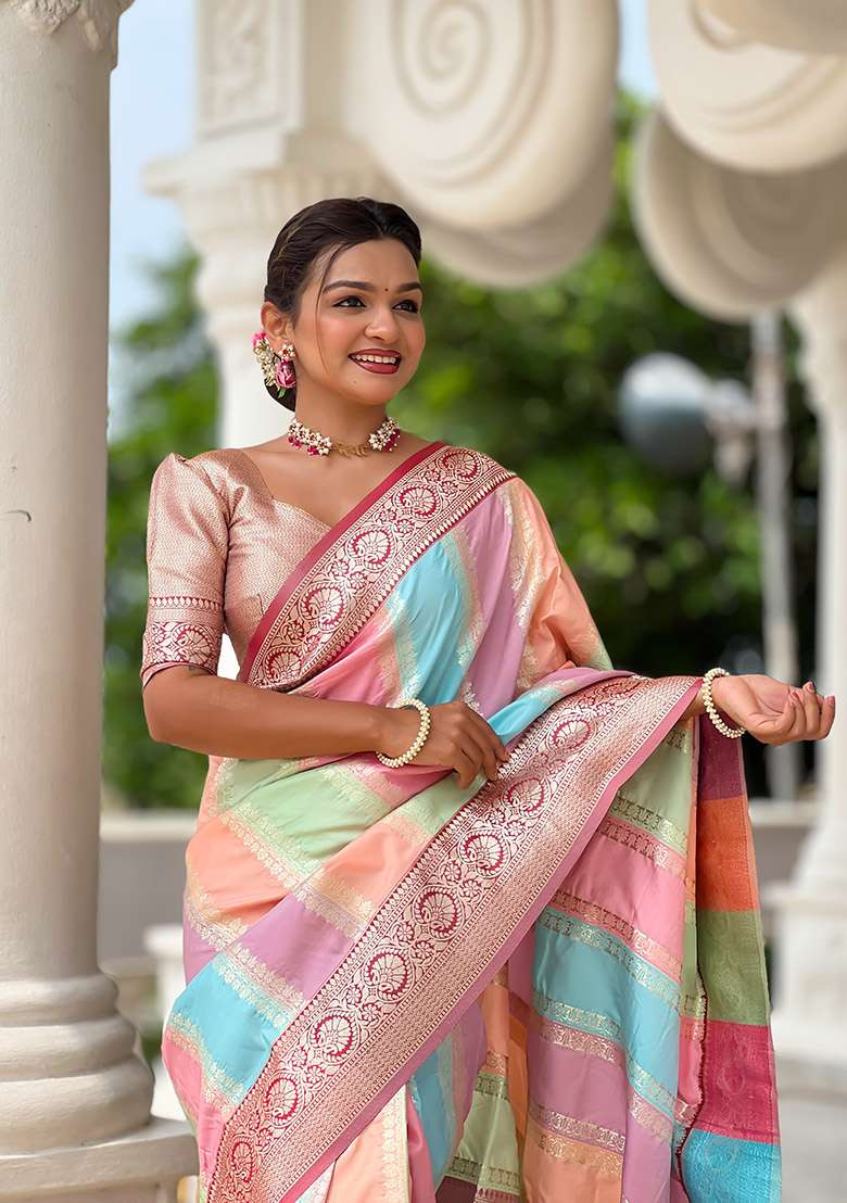 Maroon Zari Work Silk Blend Saree Set for Diwali and Festive Wear - Indya