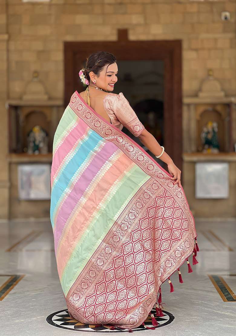 Maroon Zari Work Silk Blend Saree Set for Diwali and Festive Wear - Indya
