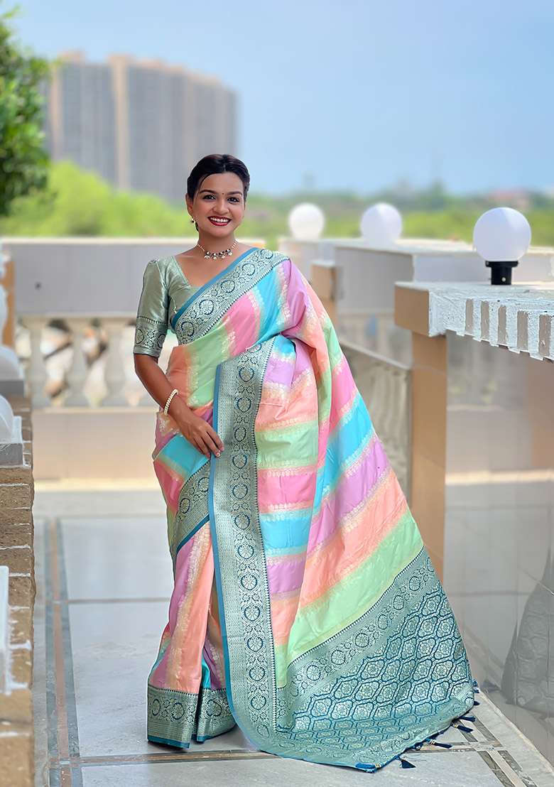 Blue Silk Blend Saree Set with Zari Work for Diwali | Wedding & Festive Wear - Indya