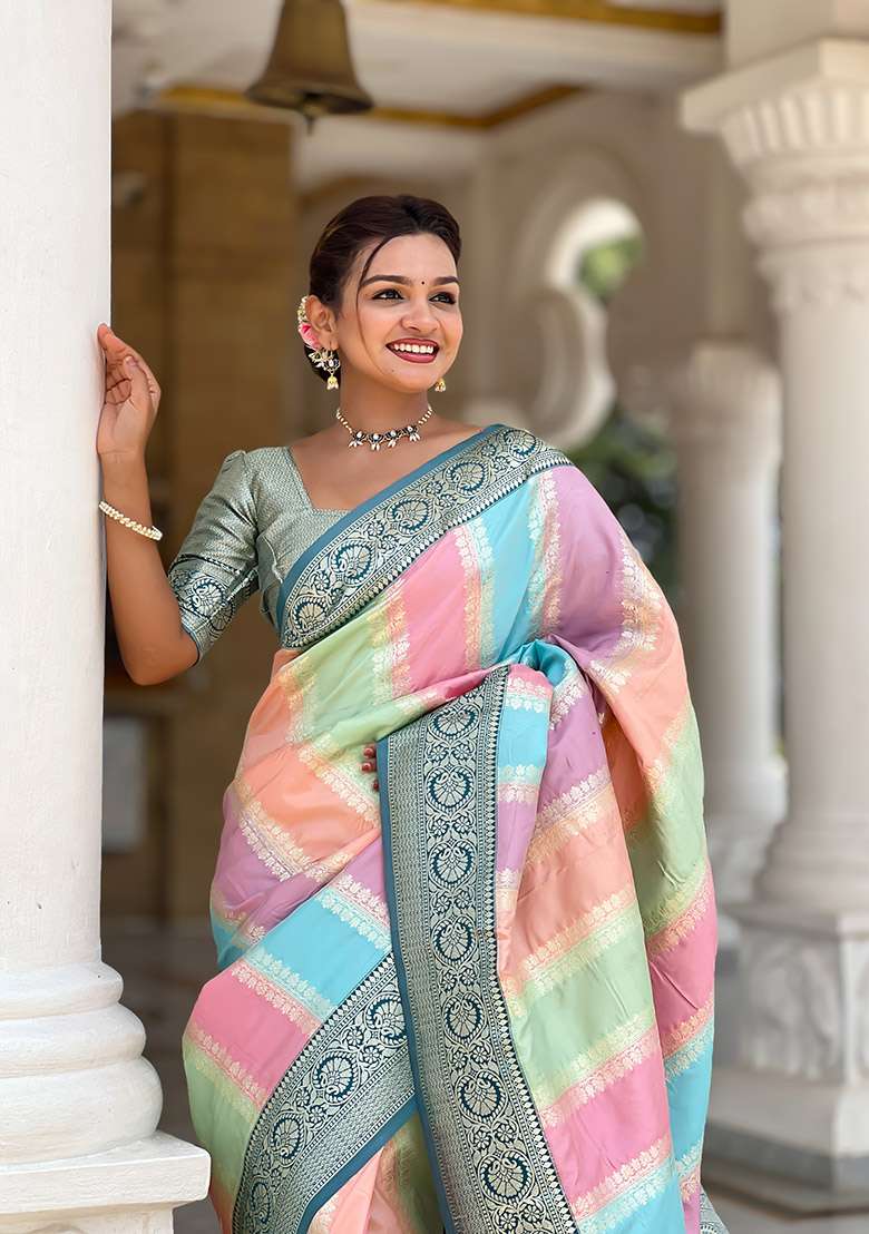 Blue Silk Blend Saree Set with Zari Work for Diwali | Wedding & Festive Wear - Indya