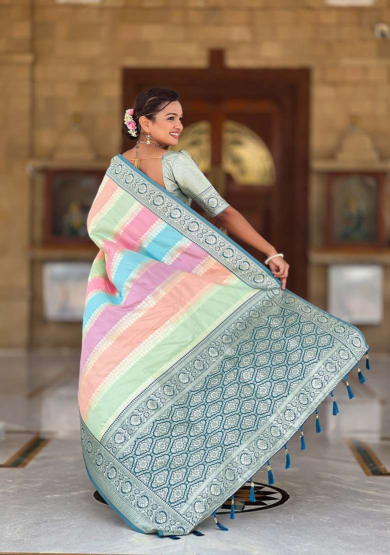 Blue Silk Blend Saree Set with Zari Work for Diwali | Wedding & Festive Wear - Indya