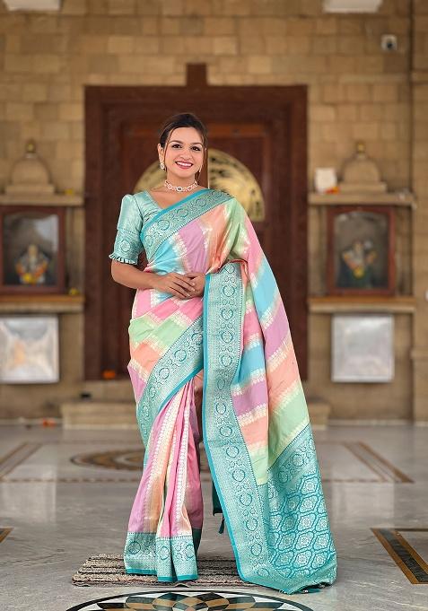 Blue Zari Work Silk Saree Set