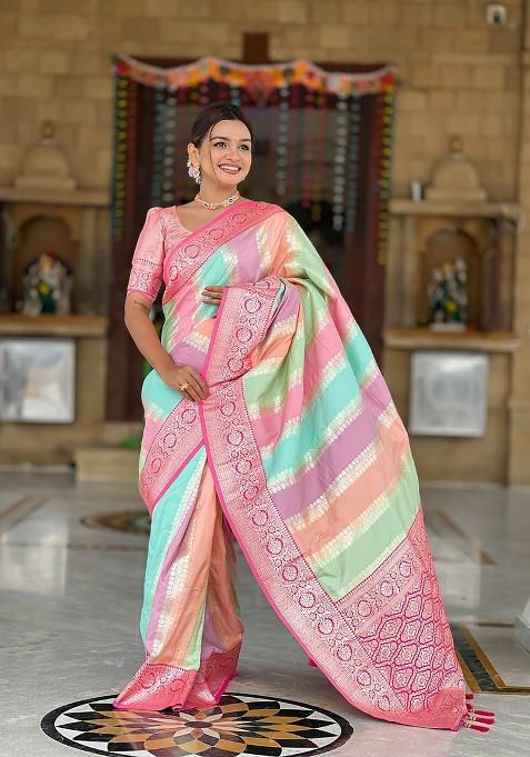 Pink Zari Work Silk Saree Set