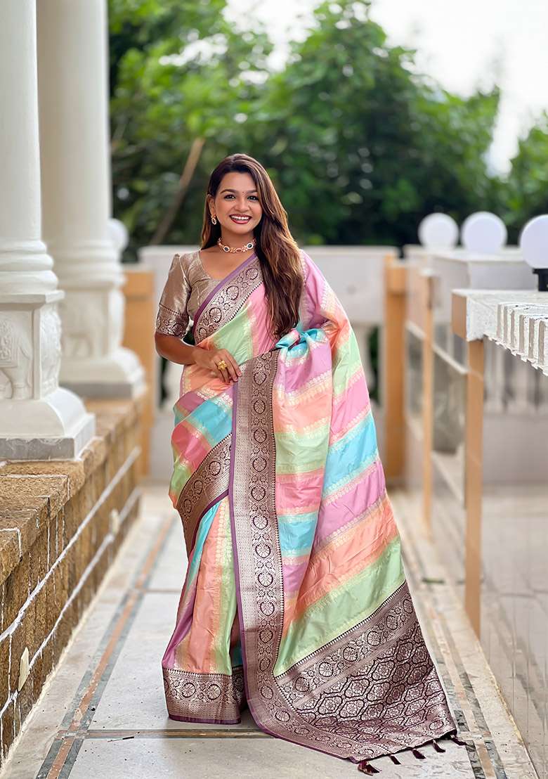 Wine Silk Blend Saree Set with Zari Work for Diwali | Wedding & Festive Wear - Indya