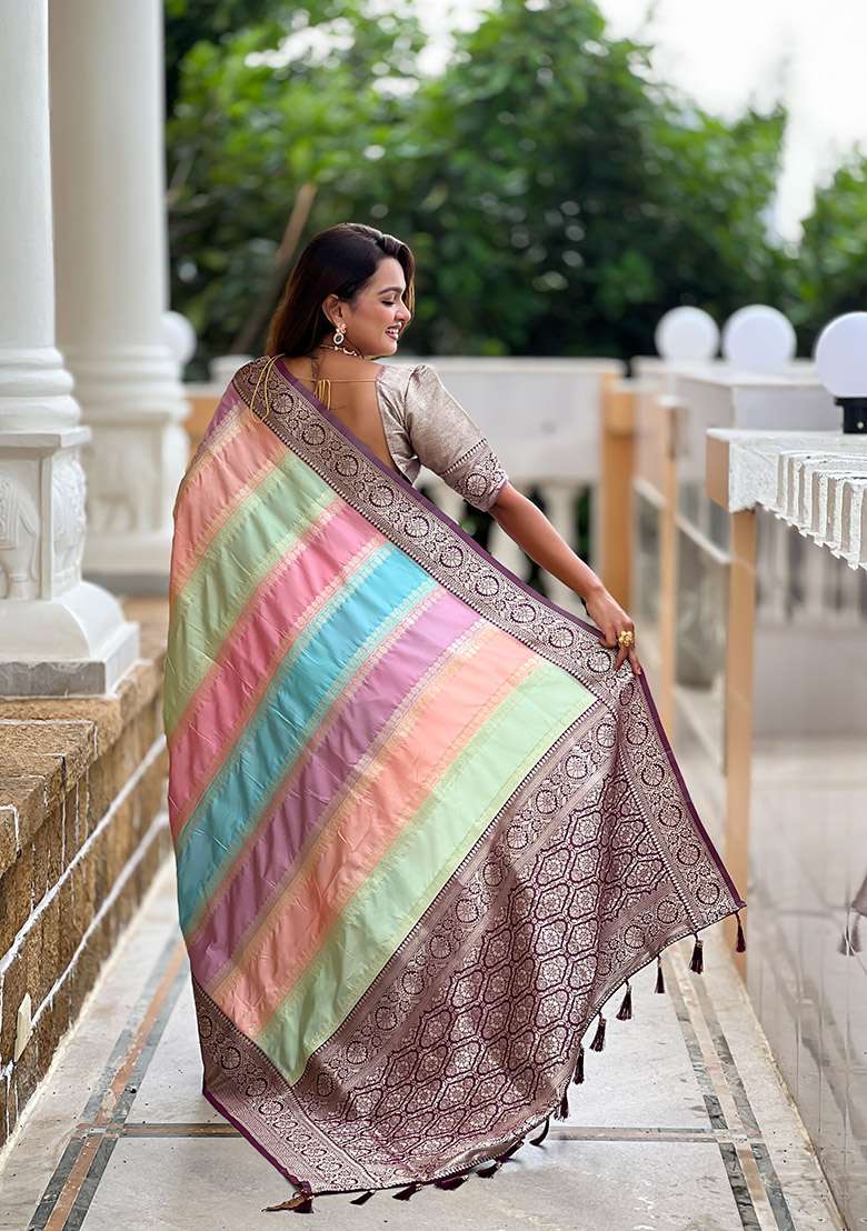 Wine Silk Blend Saree Set with Zari Work for Diwali | Wedding & Festive Wear - Indya