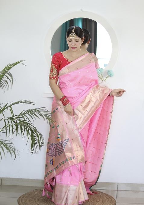 Pink Zari Work Silk Saree Set