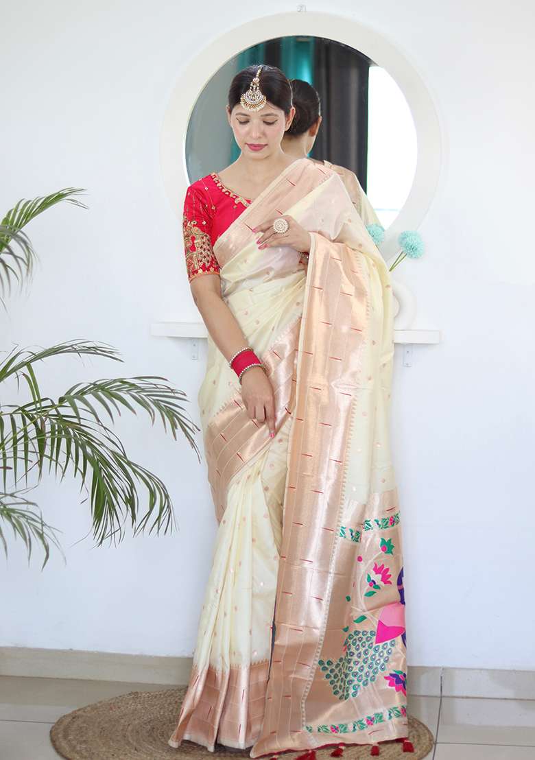 Beige Silk Blend Saree Set with Zari Work for Diwali | Wedding & Festive Wear - Indya