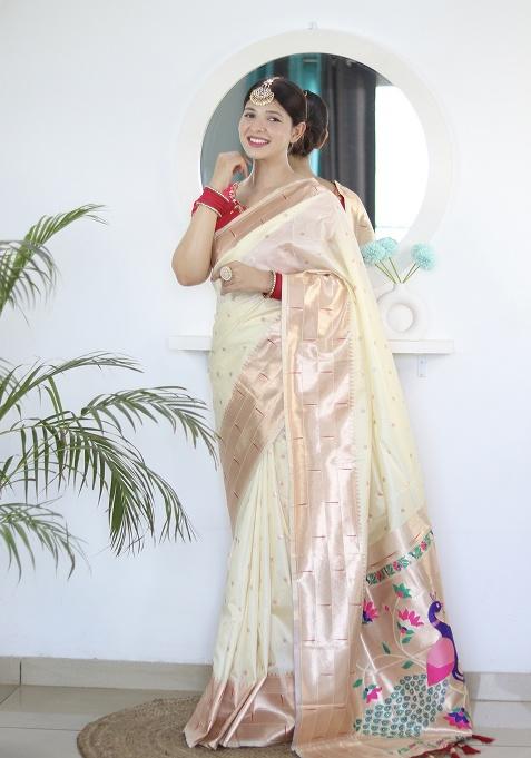Beige Zari Work Silk Saree Set