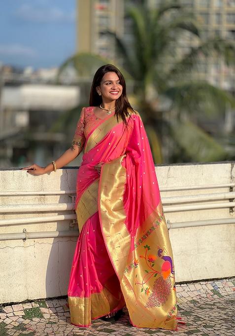 Pink Zari Work Silk Saree Set