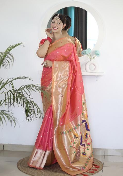 Pink Zari Work Silk Saree Set
