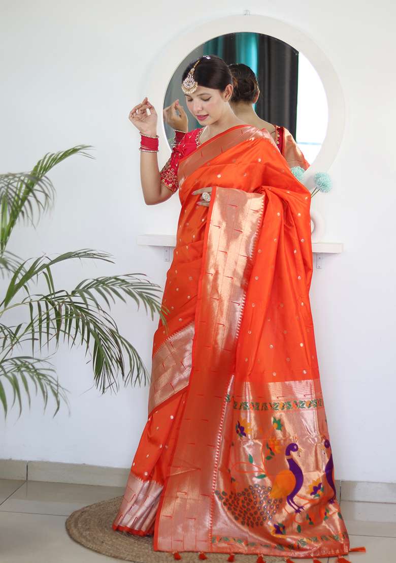 Orange Silk Blend Saree Set with Zari Work for Diwali | Wedding & Festive Wear - Indya