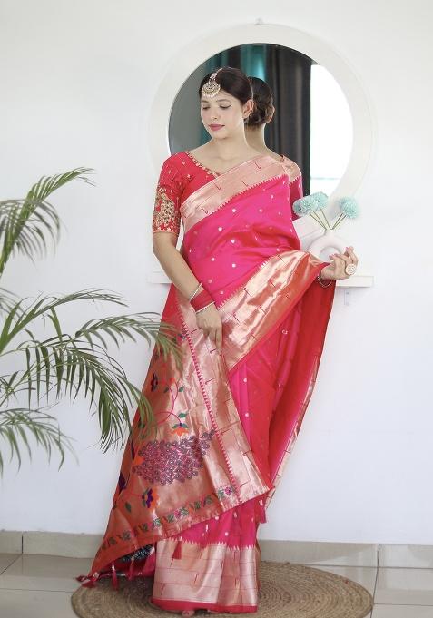 Pink Zari Work Silk Saree Set