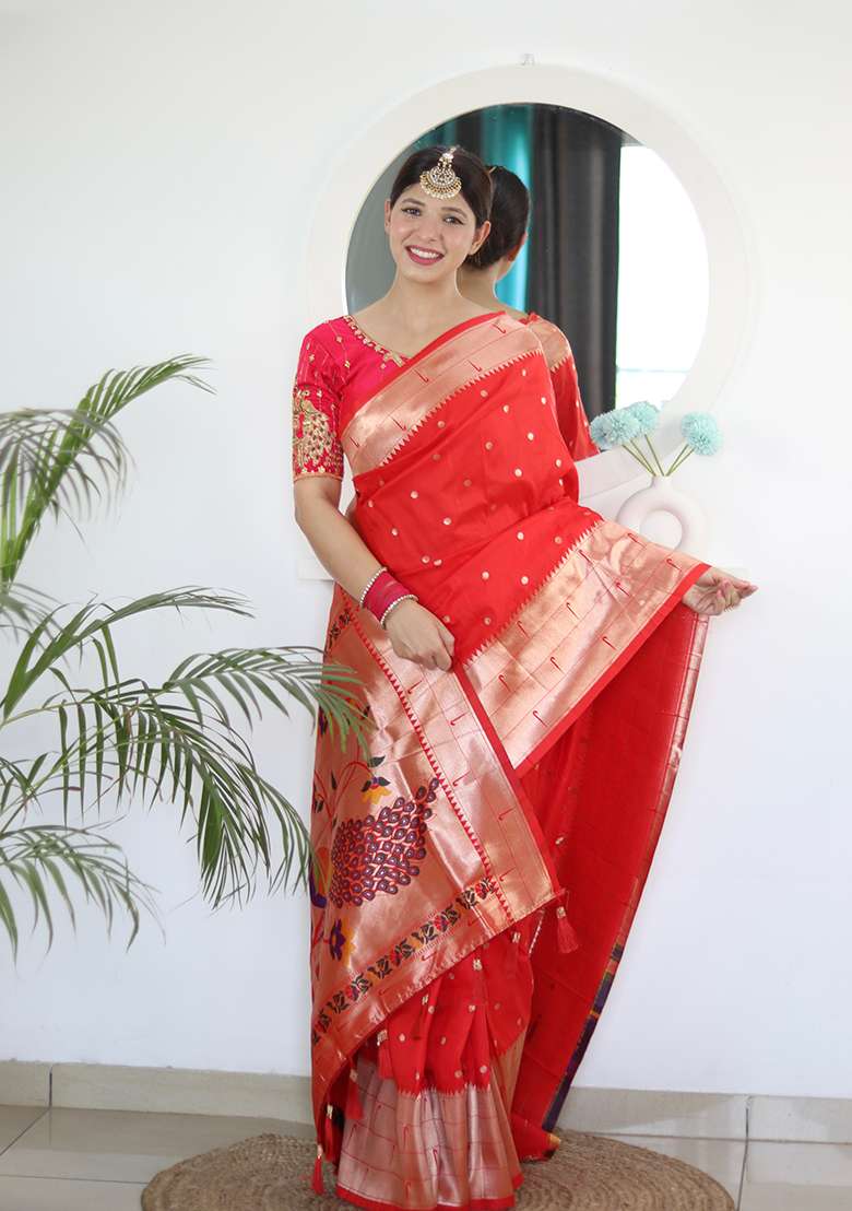 Red Silk Blend Saree Set with Zari Work for Diwali | Wedding & Festive Wear - Indya