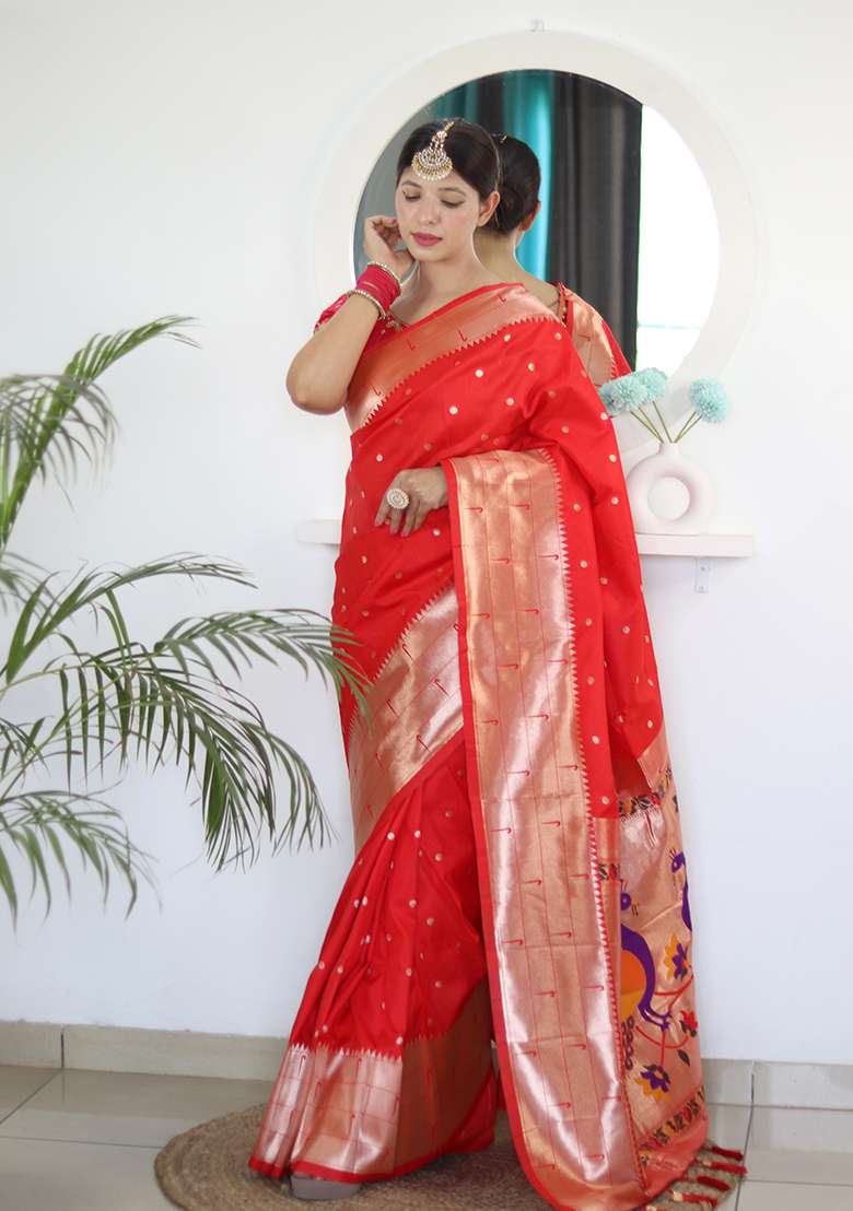 Red Silk Blend Saree Set with Zari Work for Diwali | Wedding & Festive Wear - Indya