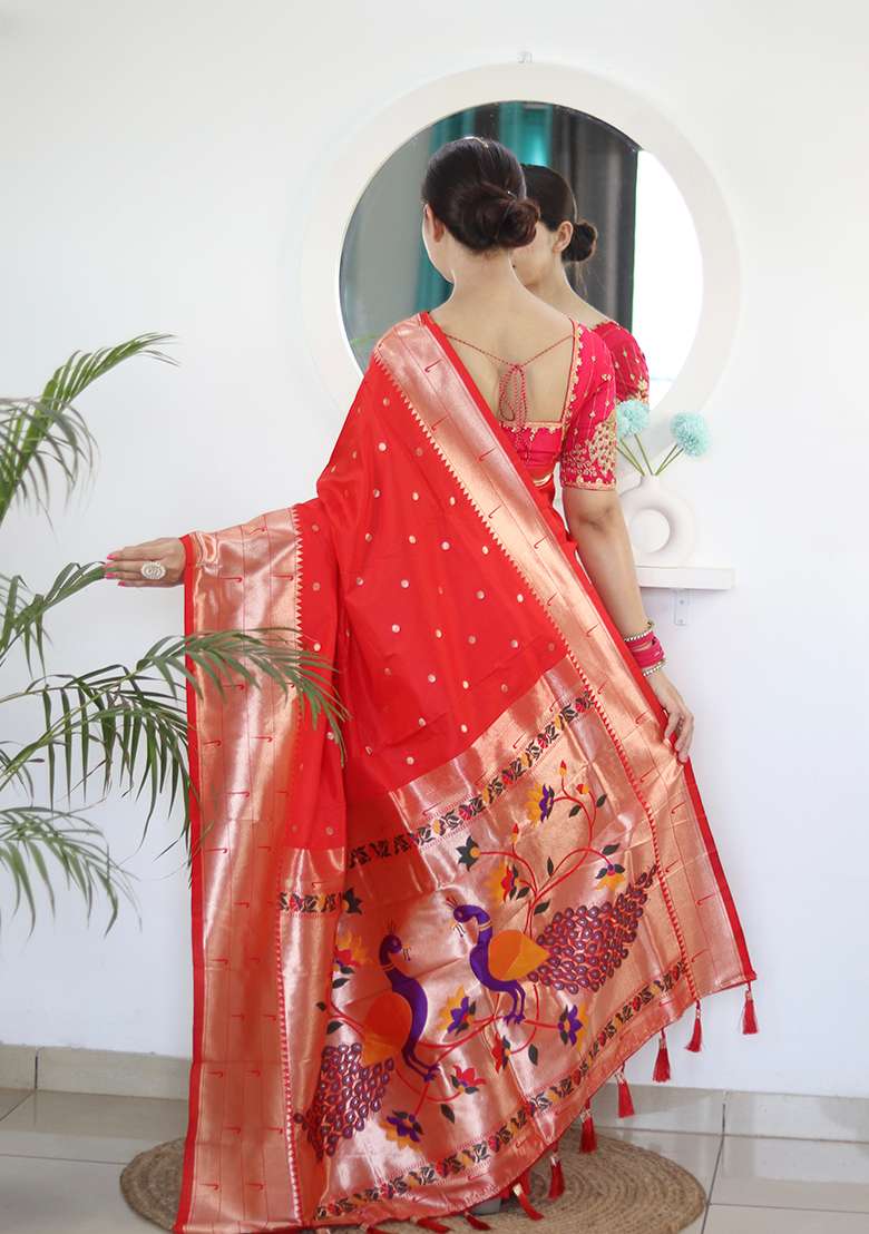 Red Silk Blend Saree Set with Zari Work for Diwali | Wedding & Festive Wear - Indya