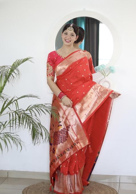 Red Zari Work Silk Saree Set