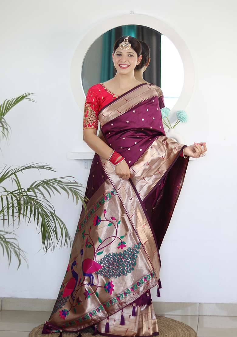 Wine Silk Blend Saree Set with Zari Work for Diwali | Wedding & Festive Wear - Indya
