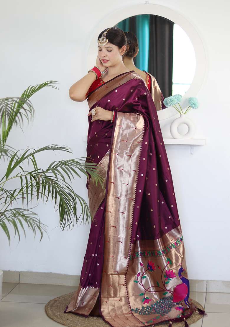 Wine Silk Blend Saree Set with Zari Work for Diwali | Wedding & Festive Wear - Indya