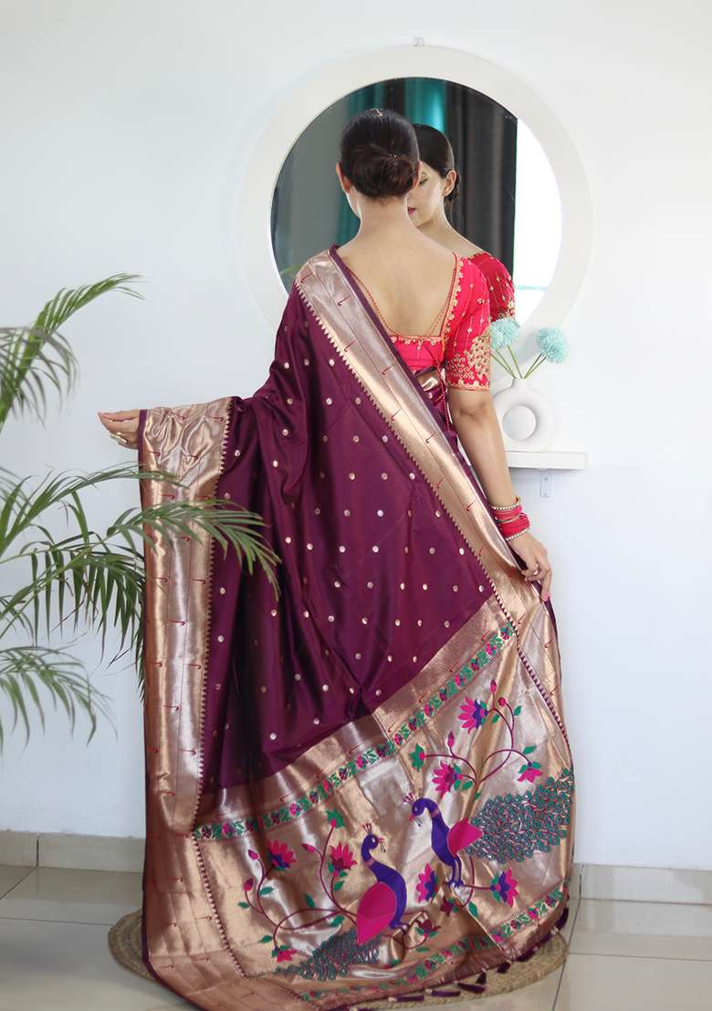 Wine Silk Blend Saree Set with Zari Work for Diwali | Wedding & Festive Wear - Indya