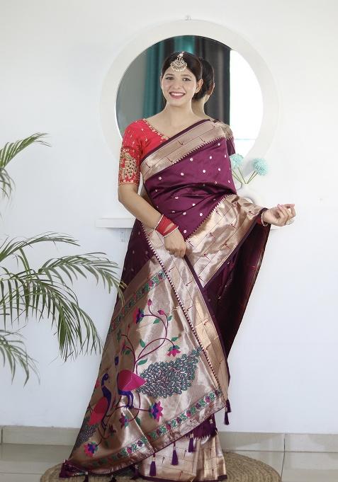 Wine Zari Work Silk Saree Set