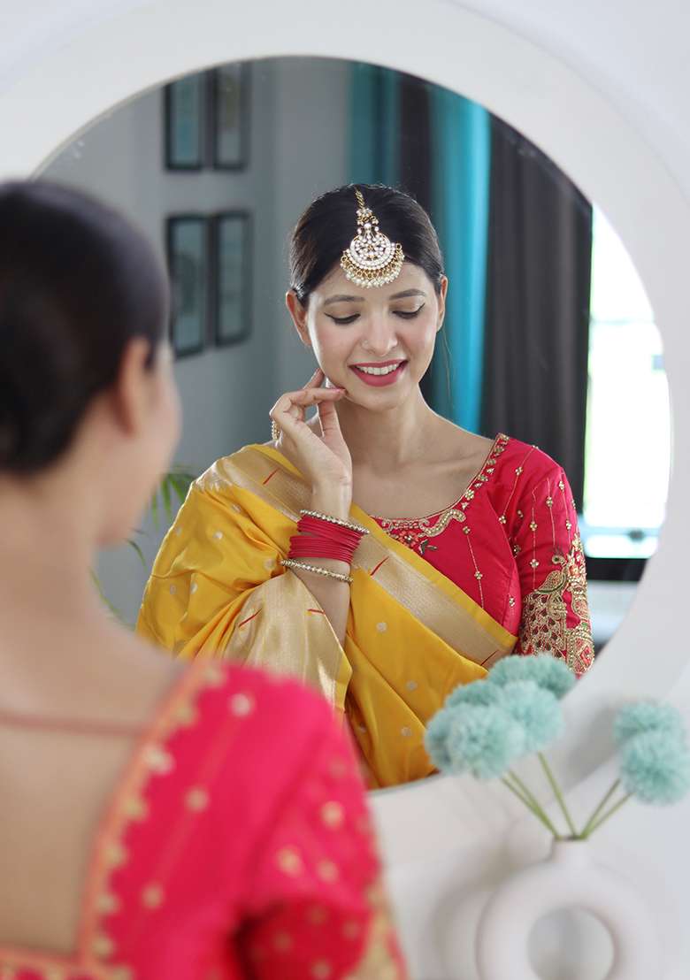 Yellow Silk Blend Saree Set with Zari Work for Diwali | Wedding & Festive Wear - Indya