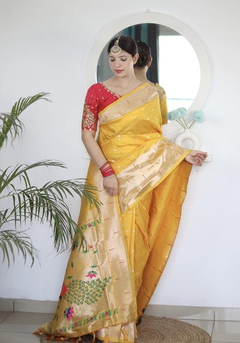 Yellow Zari Work Silk Saree Set
