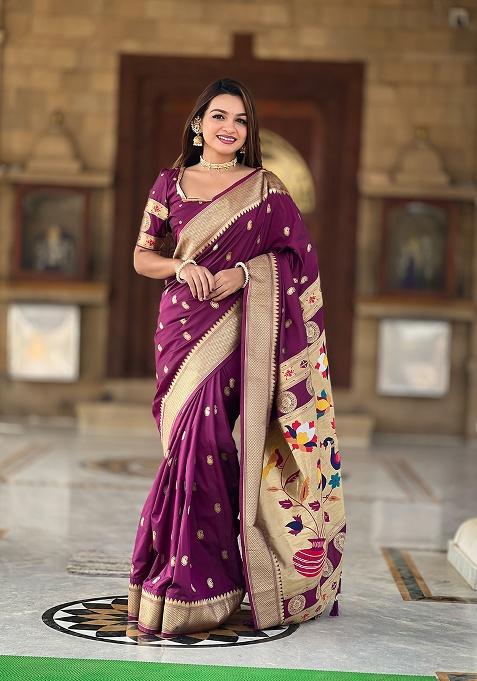 Wine Zari Work Silk Saree Set