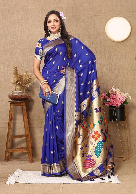 Blue Zari Work Silk Saree Set