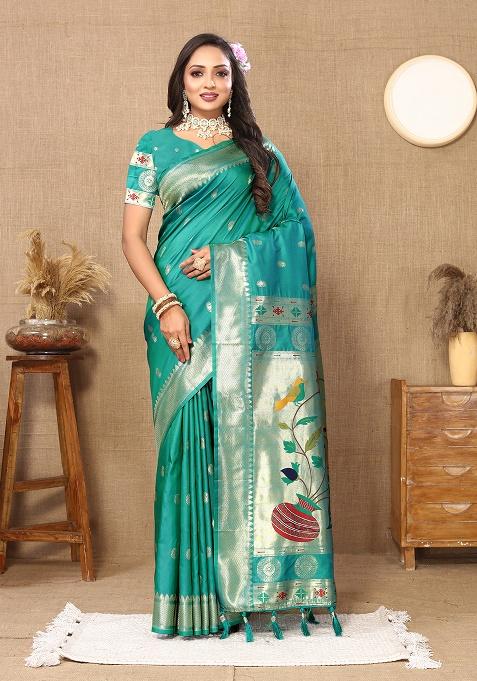 Blue Zari Work Silk Saree Set