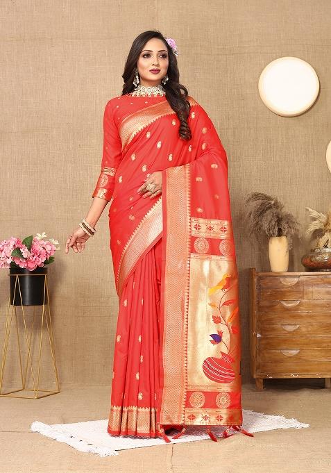 Red Zari Work Silk Saree Set