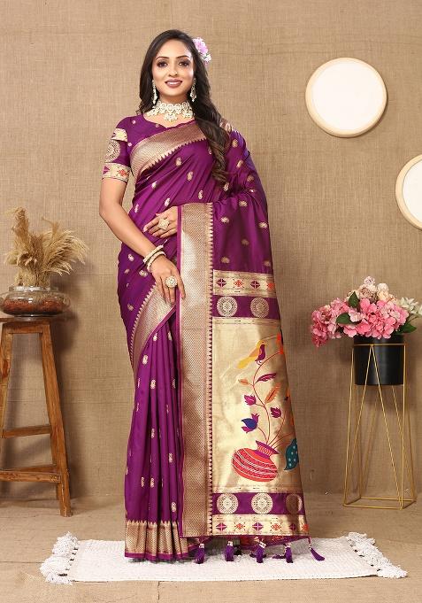 Wine Zari Work Silk Saree Set