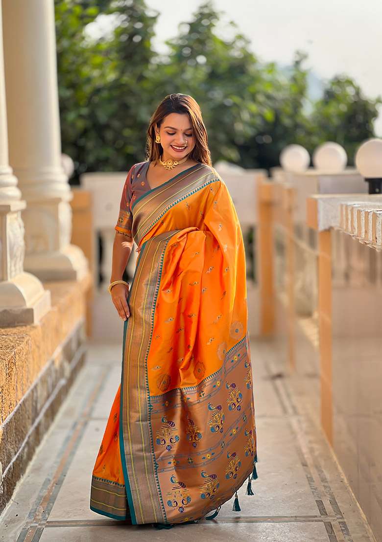 Yellow Zari Work Silk Blend Saree Set for Diwali and Festive Wear - Indya