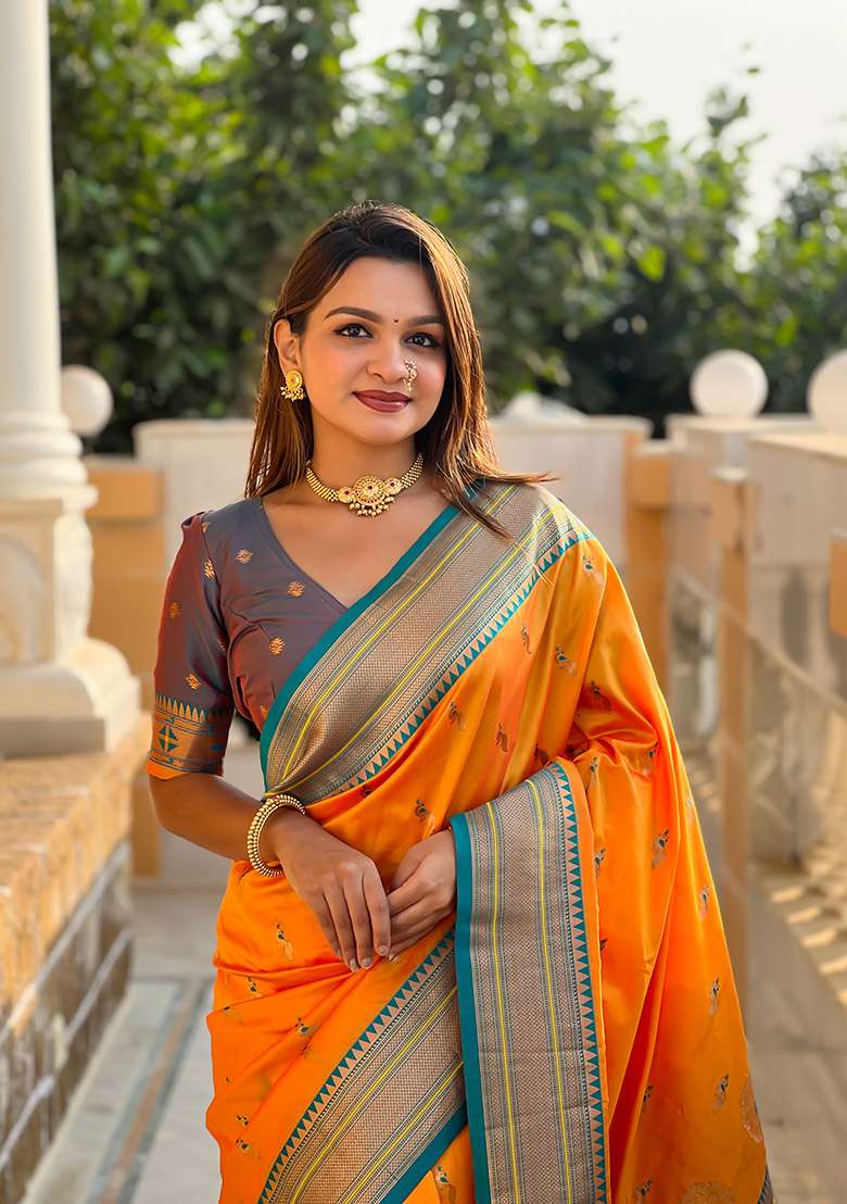 Yellow Zari Work Silk Blend Saree Set for Diwali and Festive Wear - Indya