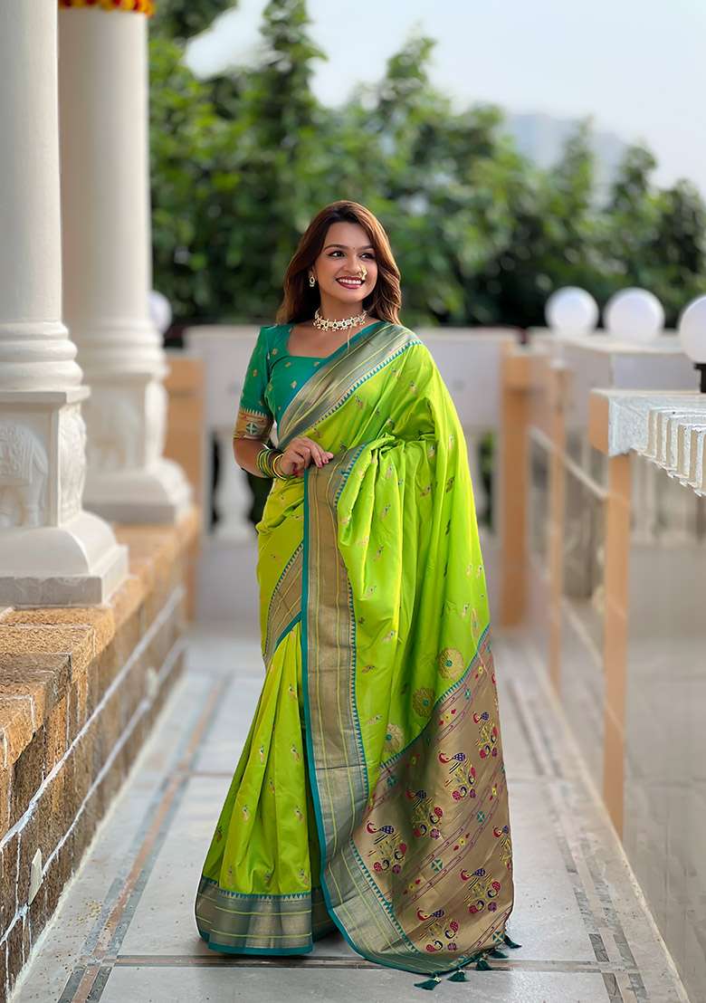 Green Silk Blend Saree Set with Zari Work for Diwali | Wedding & Festive Wear - Indya