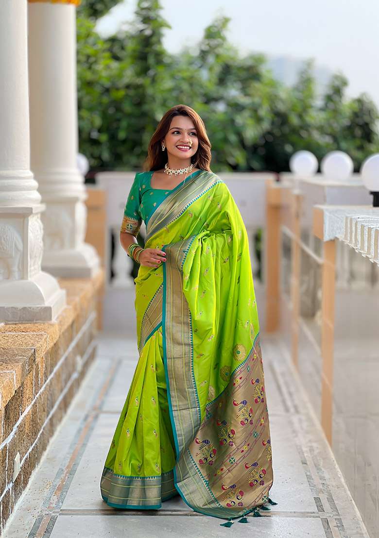 Green Silk Blend Saree Set with Zari Work for Diwali | Wedding & Festive Wear - Indya