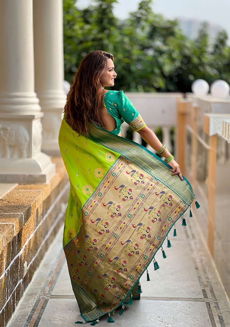 Green Silk Blend Saree Set with Zari Work for Diwali | Wedding & Festive Wear - Indya