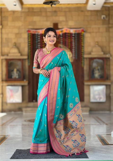 Blue Zari Work Silk Saree Set