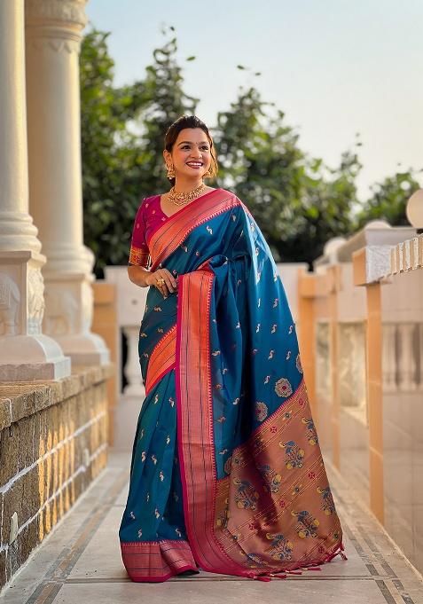Blue Zari Work Silk Saree Set