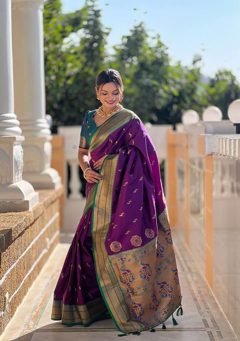 Wine Silk Blend Saree Set with Zari Work for Diwali | Wedding & Festive Wear - Indya
