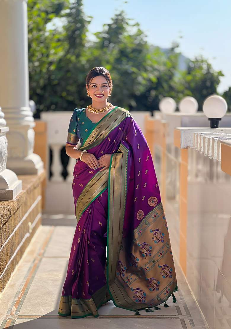 Wine Silk Blend Saree Set with Zari Work for Diwali | Wedding & Festive Wear - Indya