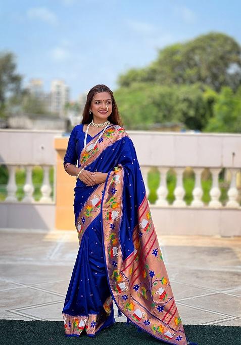 Blue Zari Work Silk Saree Set