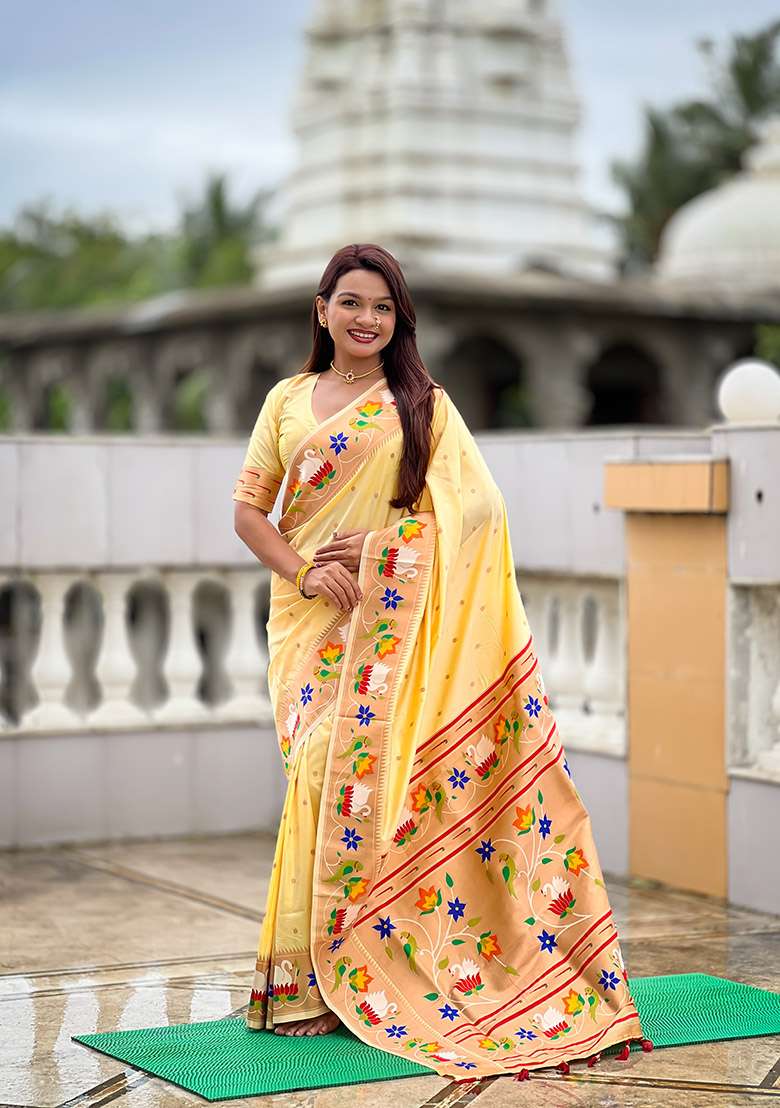 Beige Zari Work Silk Blend Saree Set for Diwali and Festive Wear - Indya