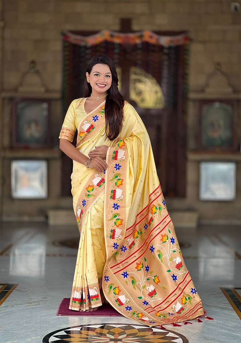 Beige Zari Work Silk Blend Saree Set for Diwali and Festive Wear - Indya
