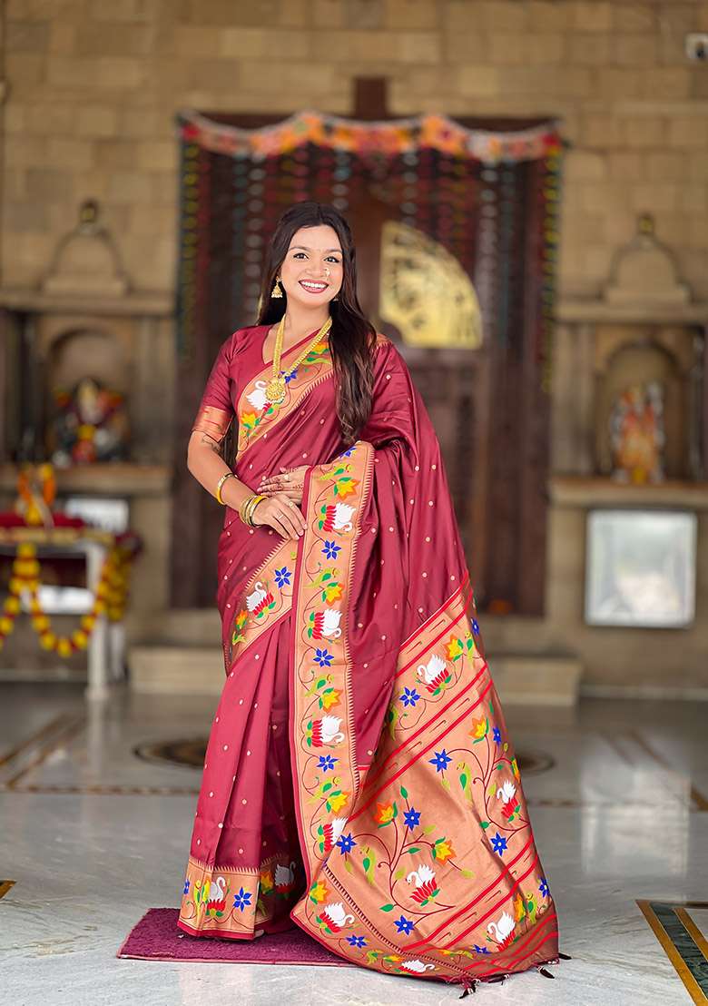 Maroon Silk Blend Saree Set with Zari Work for Diwali | Wedding & Festive Wear - Indya