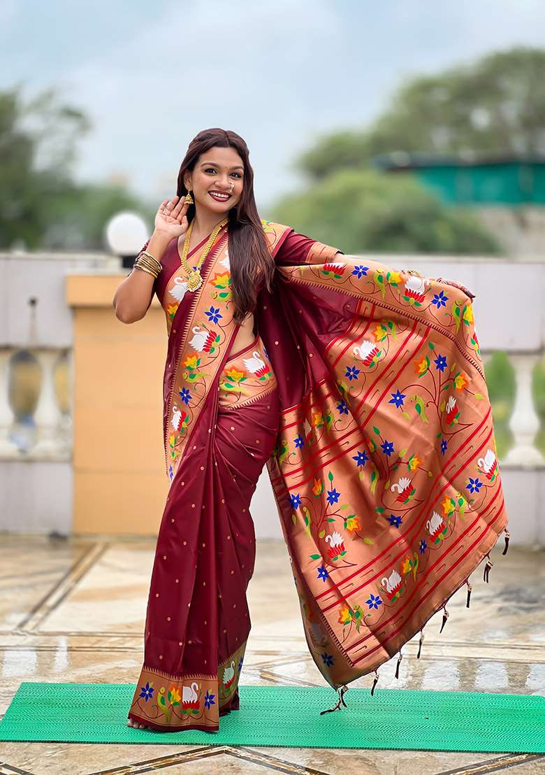 Maroon Silk Blend Saree Set with Zari Work for Diwali | Wedding & Festive Wear - Indya