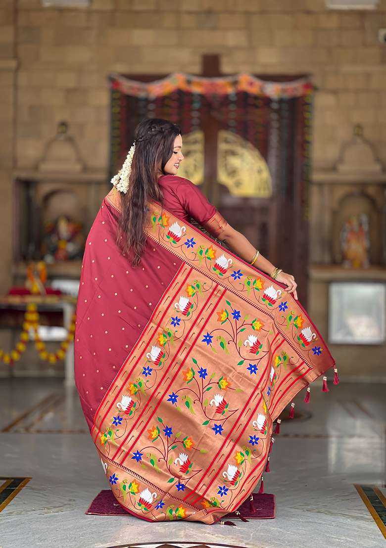 Maroon Silk Blend Saree Set with Zari Work for Diwali | Wedding & Festive Wear - Indya