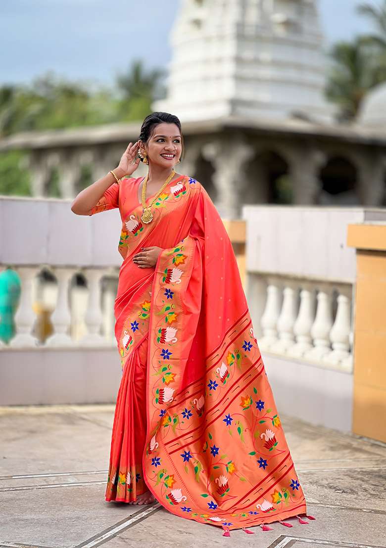 Orange Silk Blend Saree Set with Zari Work for Diwali | Wedding & Festive Wear - Indya