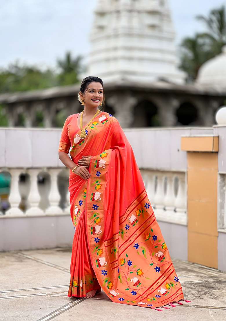Orange Silk Blend Saree Set with Zari Work for Diwali | Wedding & Festive Wear - Indya