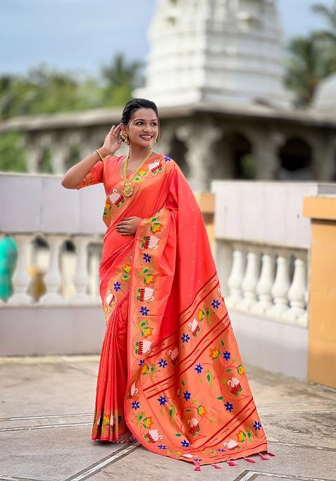 Orange Zari Work Silk Saree Set